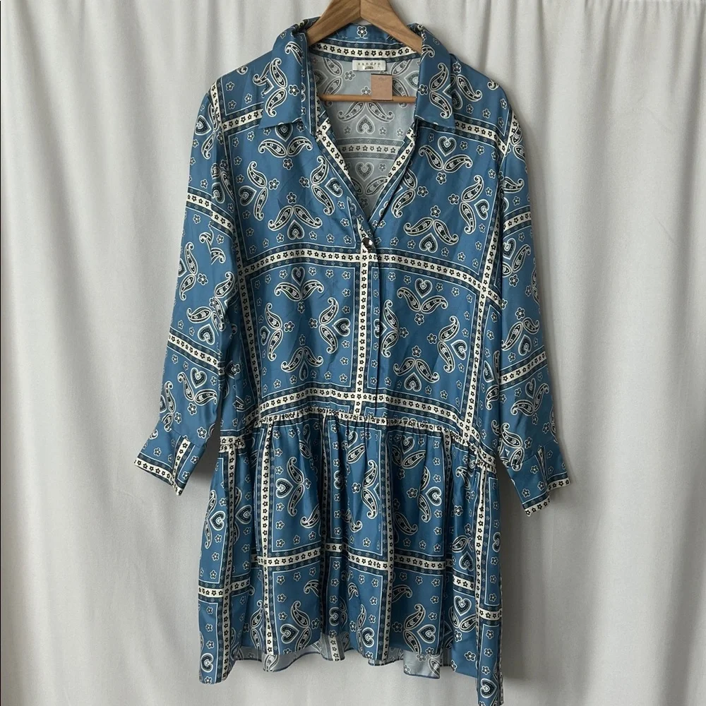 Sandro Blue Paisley Long Sleeve Collared Chloe Silk Mini Dress **Size 40/US 8** - Picture 4 of 12